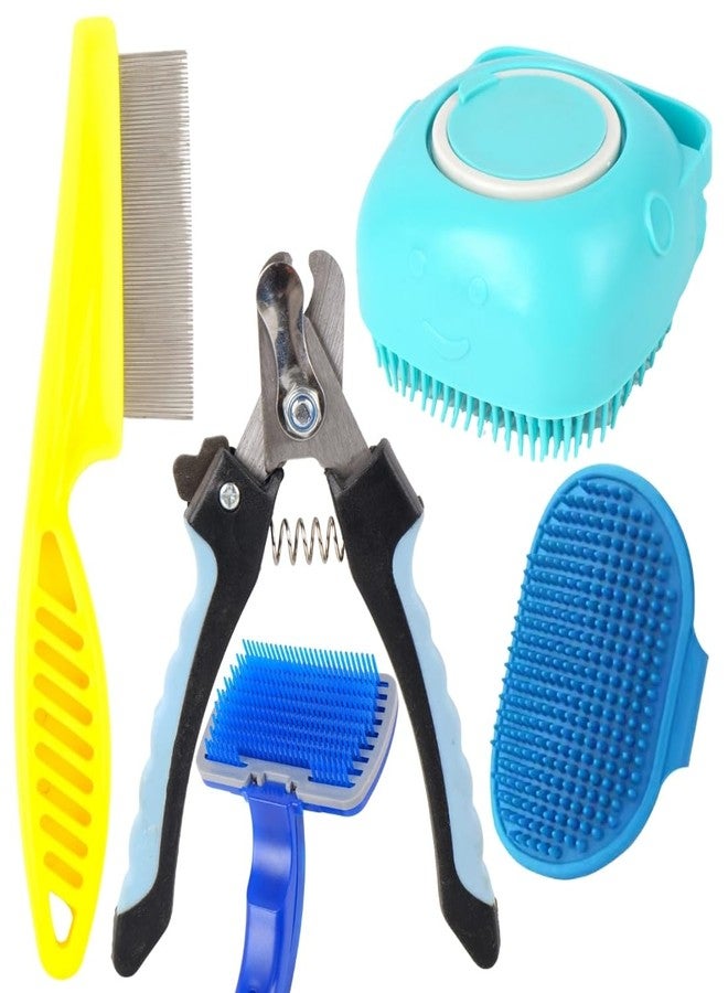 مجموعة مقص أظافر للحيوانات الأليفة مع فرشاة تنظيف، أدوات احترافية للعناية بالكلاب، أزرق وأصفر (عبوة من 5 قطع) - Image 1